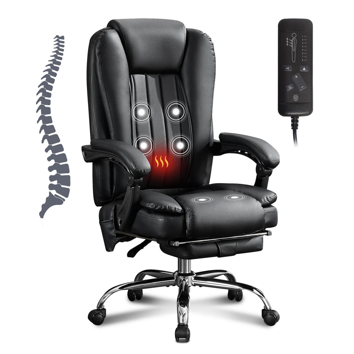 Massage Office Chair with Heat and 6 Vibration Points - Black Leather