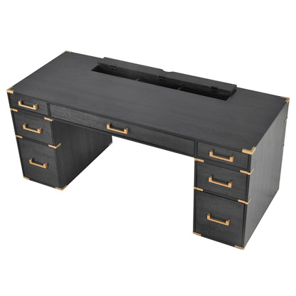 70" Traditional Executive Desk with Metal Trim, 2 File Drawers & USB/Power Outlets – Black