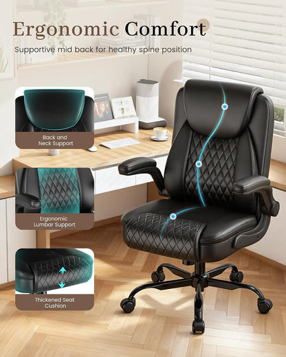 Mid-Back Office Chair, Ergonomic PU Desk Chair with Flip up Arms, Small Computer Gaming with Comfy Lumbar Support,Rocking Function,Sturdy Metal Base, Ink Black