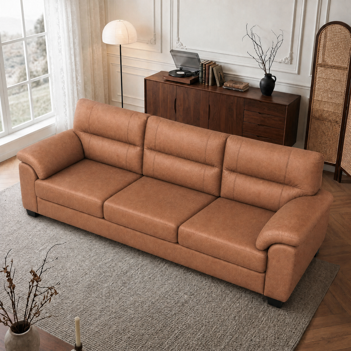Mid-Century 3-Seat Sofa with Deep Cushioned Seating & Microfiber Upholstery