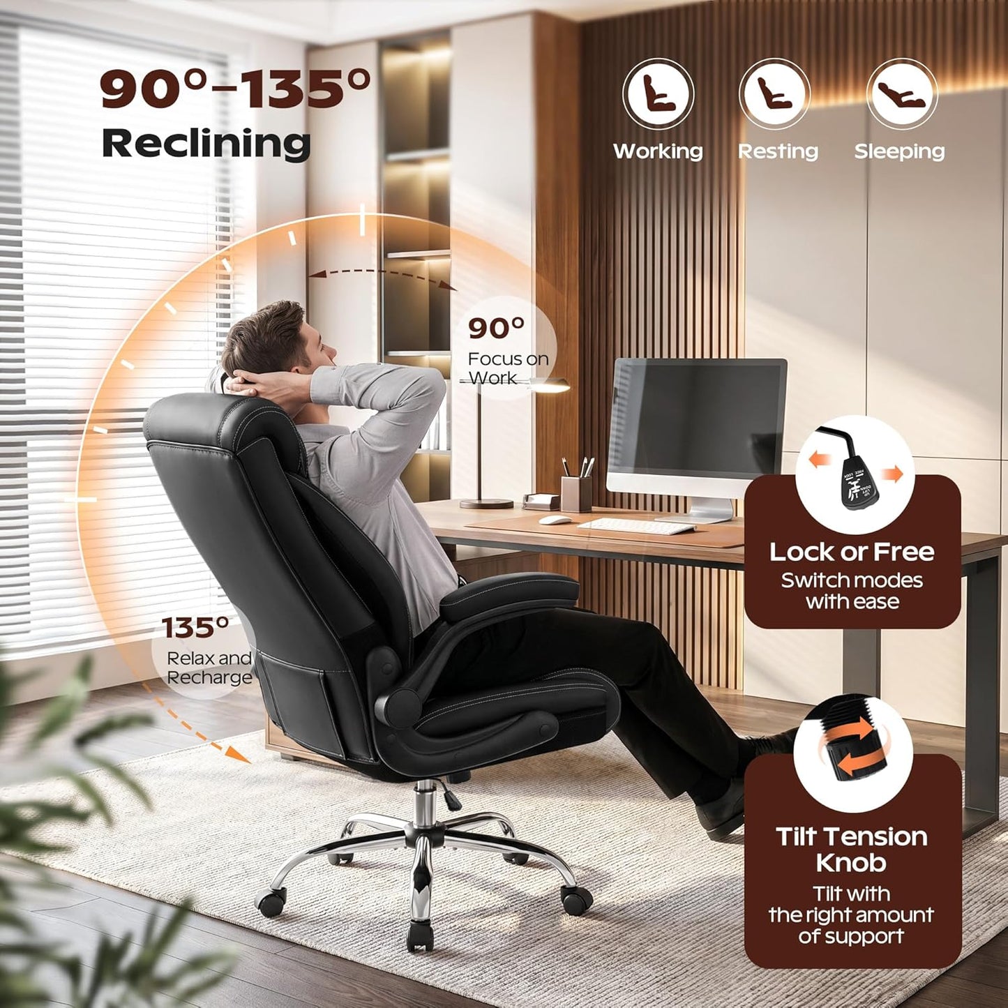 Office Chair, Ergonomic High Back Home Office Desk Chair, Big and Tall Breathable Leather Office Chair with Lumbar Support Flip-Up Armrests, Computer Gaming Chair with Rocking Function