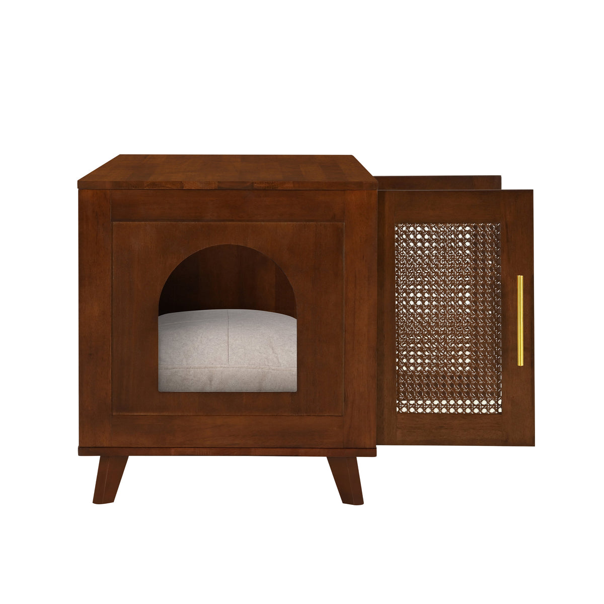 Rubber Wood Cat Cabinet with Cozy Cushion - Natural Finish
