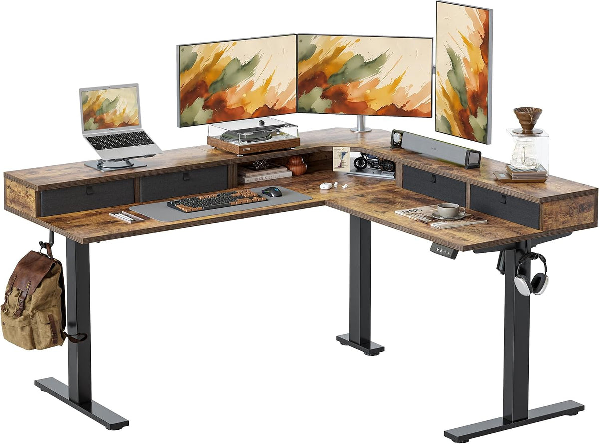 L Shaped 63 X 55 Inch Standing Desk Adjustable Height, Electric Corner Standing Desk with 4 Drawers and Upper Shelf, Sit Stand Computer Table with Splice Board, Rustic Brown