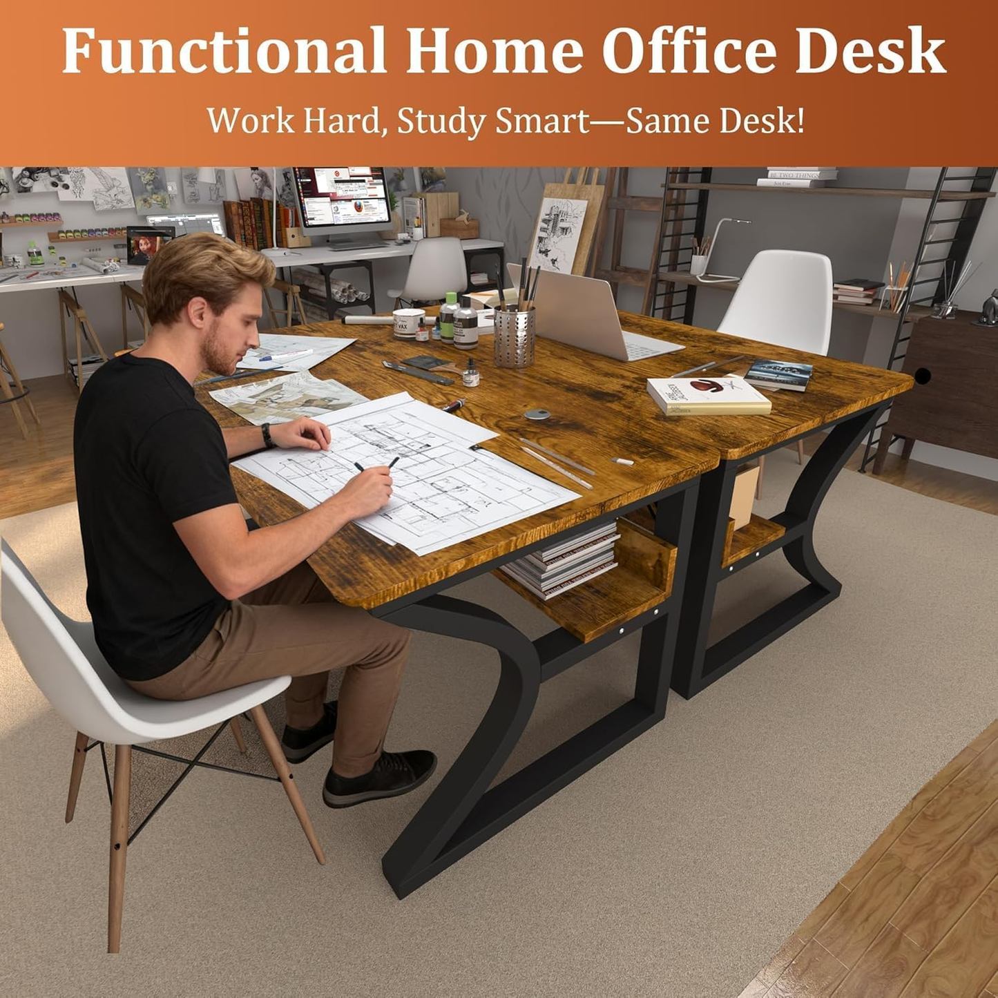 47 Inch Computer Desk, Home Office Desk with Storage Shelf, Sturdy U-Shaped Metal Frame Study Table with Cable Management, Gaming Desk for Office & Bedroom, Rustic Brown