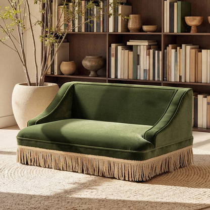 Olive Green Velvet Princess Pet Bed Sofa with Fringe Skirt - Medium