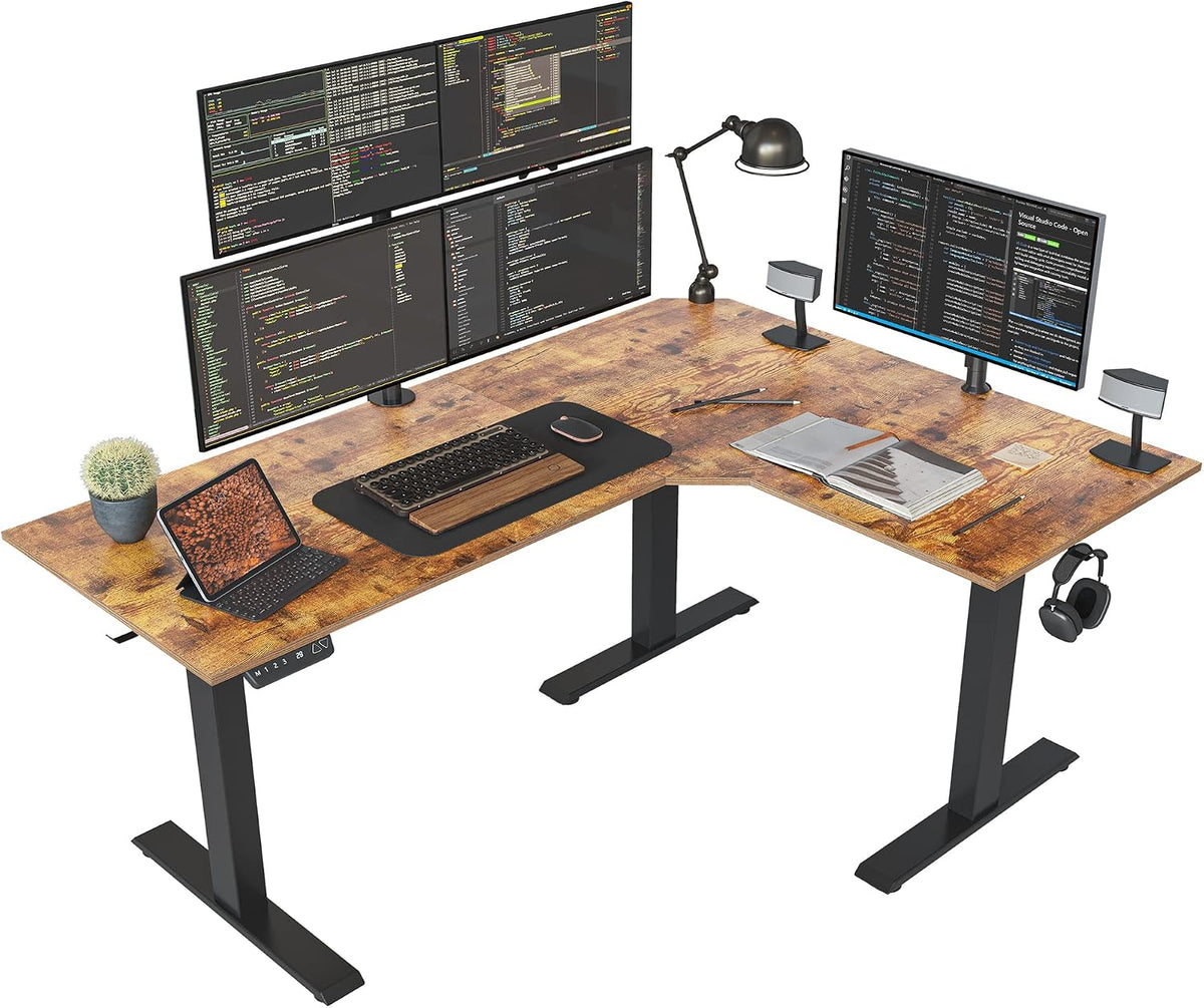 Triple Motor 63" L Shaped Standing Desk, Electric Standing Gaming Desk Adjustable Height, Corner Stand up Desk with Splice Board, Black Frame/Rustic Brown Top