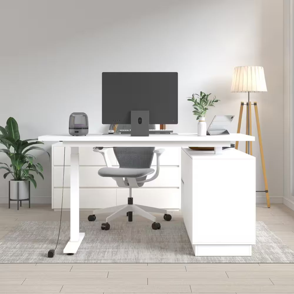 54.3 In. W L-Shaped White Writing Desk Adjustable Height Desk Home Office Workstation with Pop-Up Design Cabinet Drawers
