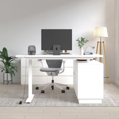 54.3 In. W L-Shaped White Writing Desk Adjustable Height Desk Home Office Workstation with Pop-Up Design Cabinet Drawers