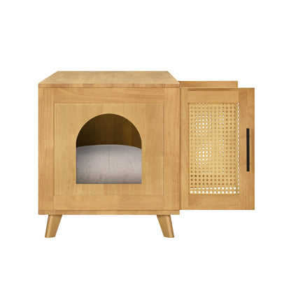 Rubberwood Cat Cabinet with Plush Cushion & Rattan Doors – Natural