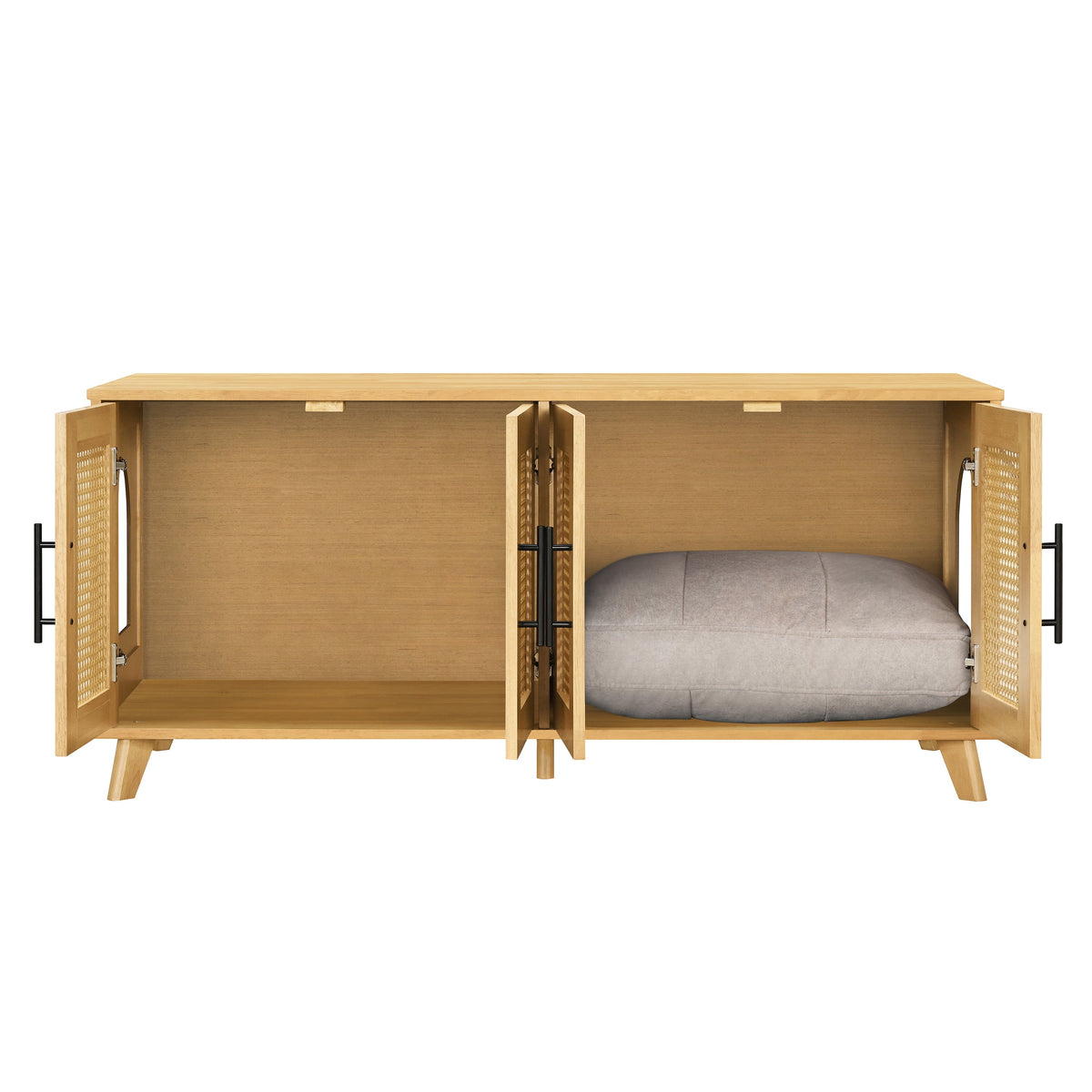 Rubberwood Cat Cabinet with Plush Cushion & Rattan Doors – Natural