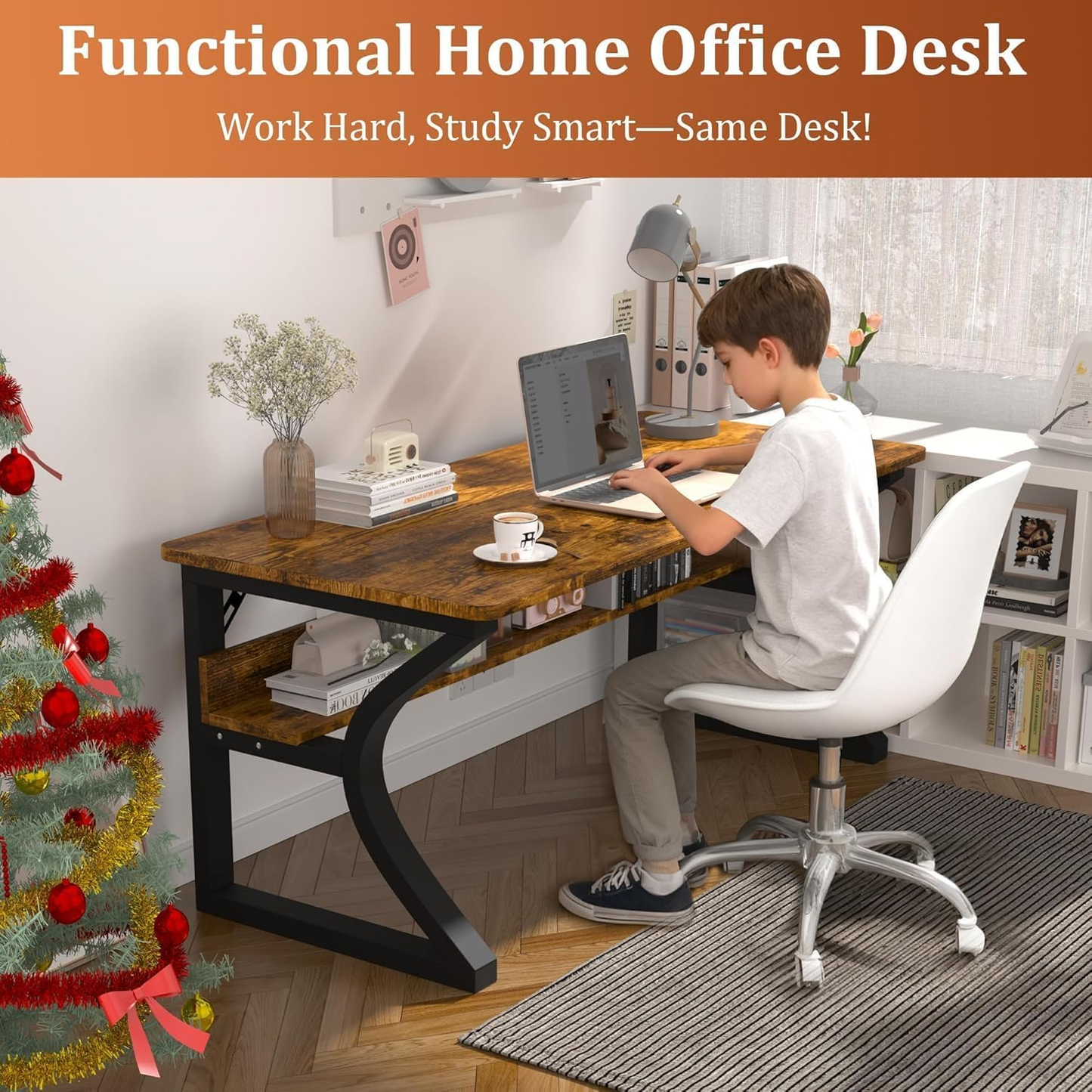 47 Inch Computer Desk, Home Office Desk with Storage Shelf, Sturdy U-Shaped Metal Frame Study Table with Cable Management, Gaming Desk for Office & Bedroom, Rustic Brown