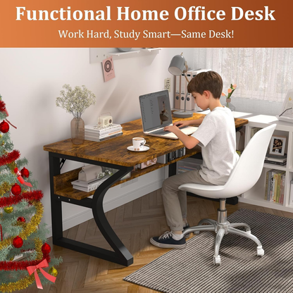 47 Inch Computer Desk, Home Office Desk with Storage Shelf, Sturdy U-Shaped Metal Frame Study Table with Cable Management, Gaming Desk for Office & Bedroom, Rustic Brown