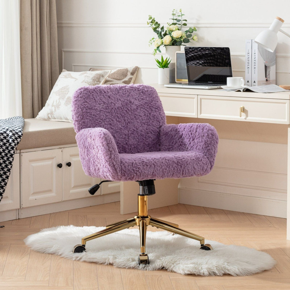 Artificial Rabbit Hair Office Chair with Metal Base - Swivel, Adjustable Height