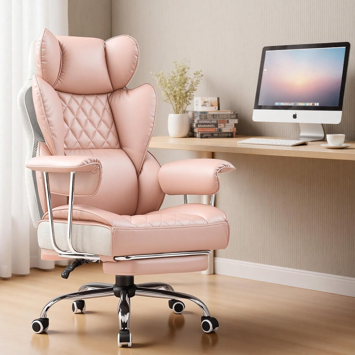 Big and Tall Office Chair, High Back Leather Gaming Chair with Footrest, Executive Ergonomic Office Chairs with Pocket Spring Lumbar Support and with Outward Fixed Soft Armrests