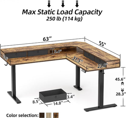 L Shaped 63 X 55 Inch Standing Desk Adjustable Height, Electric Corner Standing Desk with 4 Drawers and Upper Shelf, Sit Stand Computer Table with Splice Board, Rustic Brown