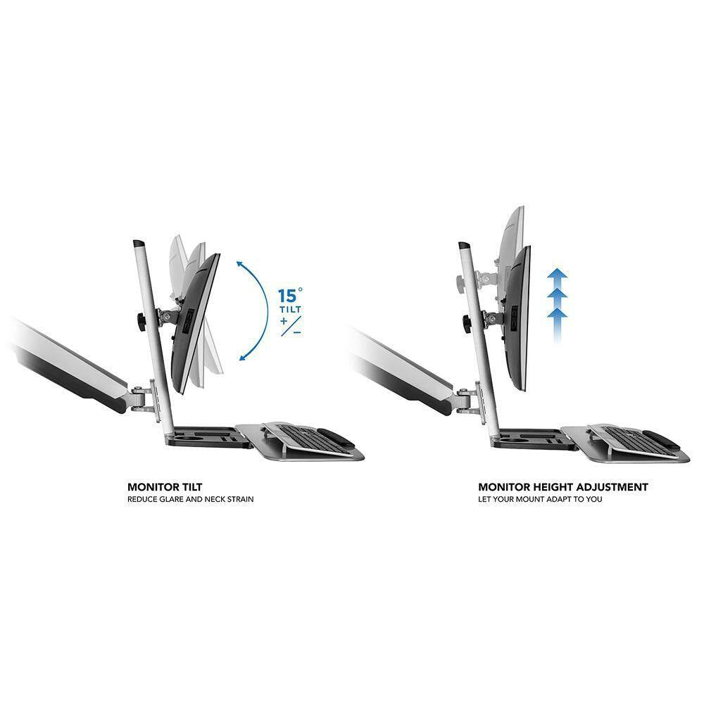 26 In. Silver Workstation for Monitor, Keyboard, Height Adjustable Standing Desk Mount W/Monitor Mount and Keyboard Tray