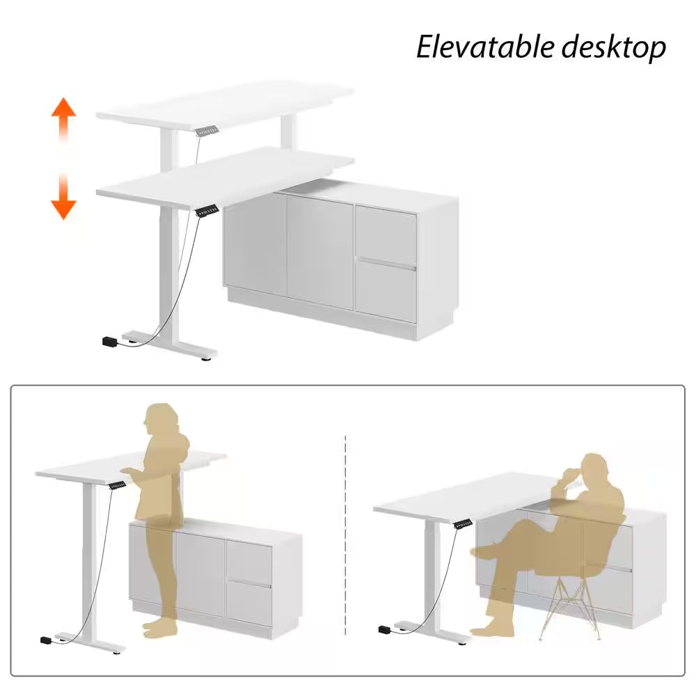 54.3 In. W L-Shaped White Writing Desk Adjustable Height Desk Home Office Workstation with Pop-Up Design Cabinet Drawers