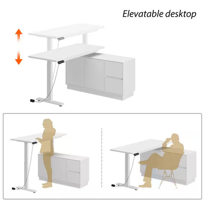 54.3 In. W L-Shaped White Writing Desk Adjustable Height Desk Home Office Workstation with Pop-Up Design Cabinet Drawers