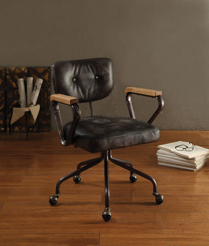 Top Grain Leather Office Chair with Button-Tufted Mid-Back - Vintage Black