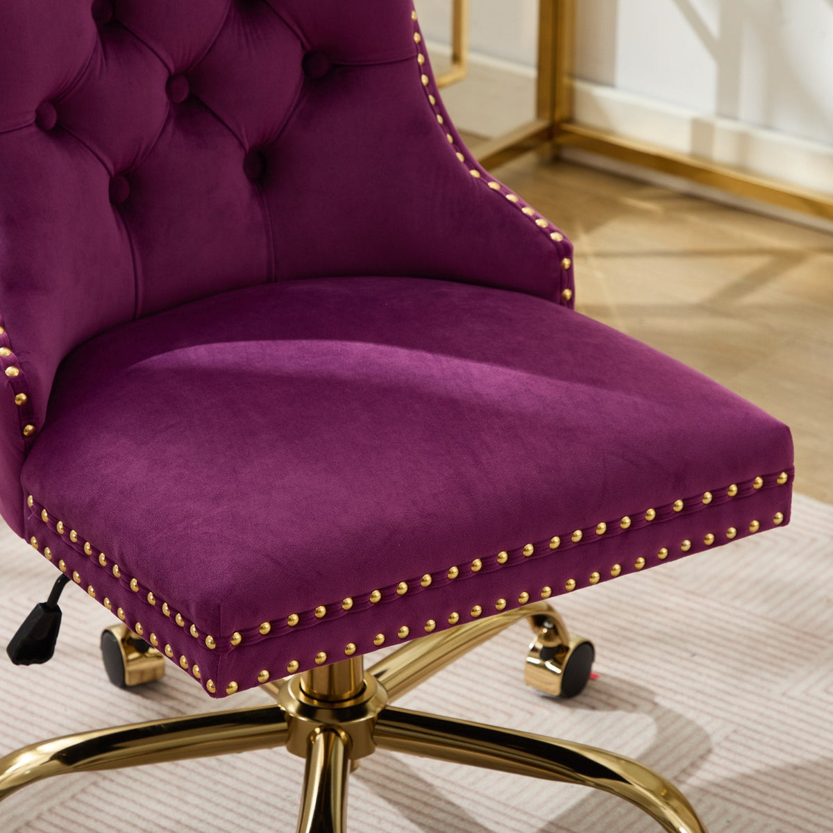 Purple Modern Velvet Upholstered Office Chair with Tufted Buttons - Golden Accents