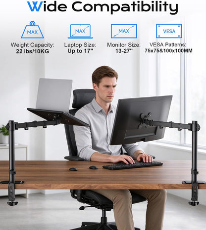 Single Laptop Notebook Desk Mount with Tray for 13-27 Inch Computer Screen, Fully Adjustable Laptop Desk Arm for Notebook up to 17’’, Weight up to 15.6 Lbs