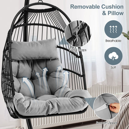 Hanging Egg Chair with Stand, Folding Basket & Waterproof Cover – Gray