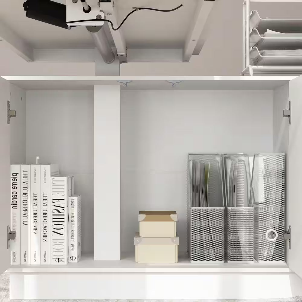 54.3 In. W L-Shaped White Writing Desk Adjustable Height Desk Home Office Workstation with Pop-Up Design Cabinet Drawers
