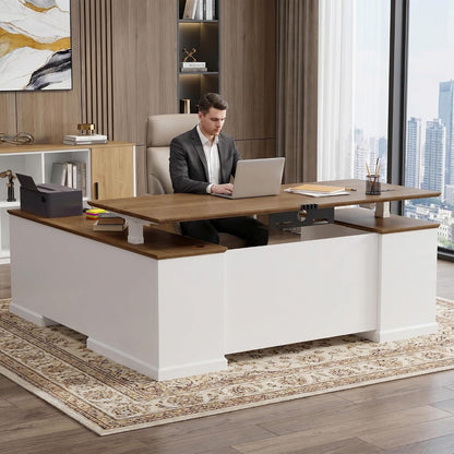 71" L Shaped Executive Desk with File Cabinet Drawers Outlet USB, Height Adjustable Modern Desk Privacy Panel Sit-Stand Workstation for Boss Managers Office Home, Walnut & Antique White