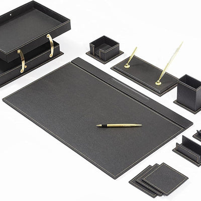 12-Piece Leather Desk Set — Desk Pad 23.2" X 15.4", Double Document Tray, Pen Holder — Desk Organizer Set for Home Office & Executive Desk Accessories