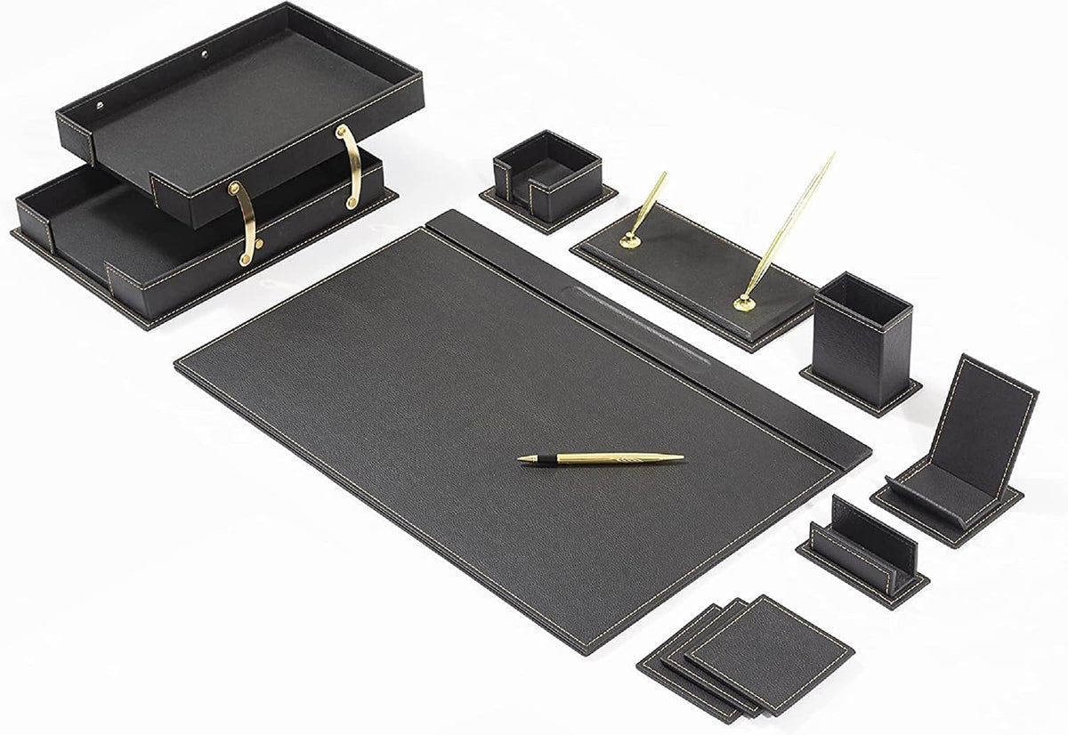 12-Piece Leather Desk Set — Desk Pad 23.2" X 15.4", Double Document Tray, Pen Holder — Desk Organizer Set for Home Office & Executive Desk Accessories