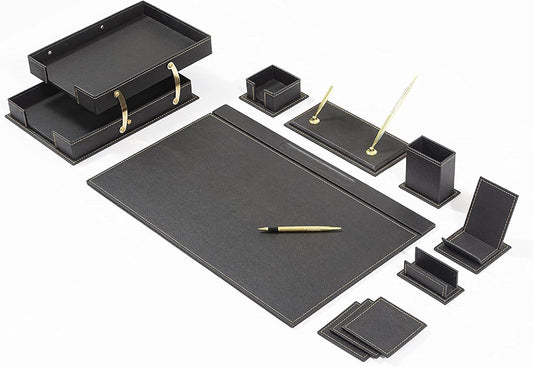 12-Piece Leather Desk Set — Desk Pad 23.2" X 15.4", Double Document Tray, Pen Holder — Desk Organizer Set for Home Office & Executive Desk Accessories