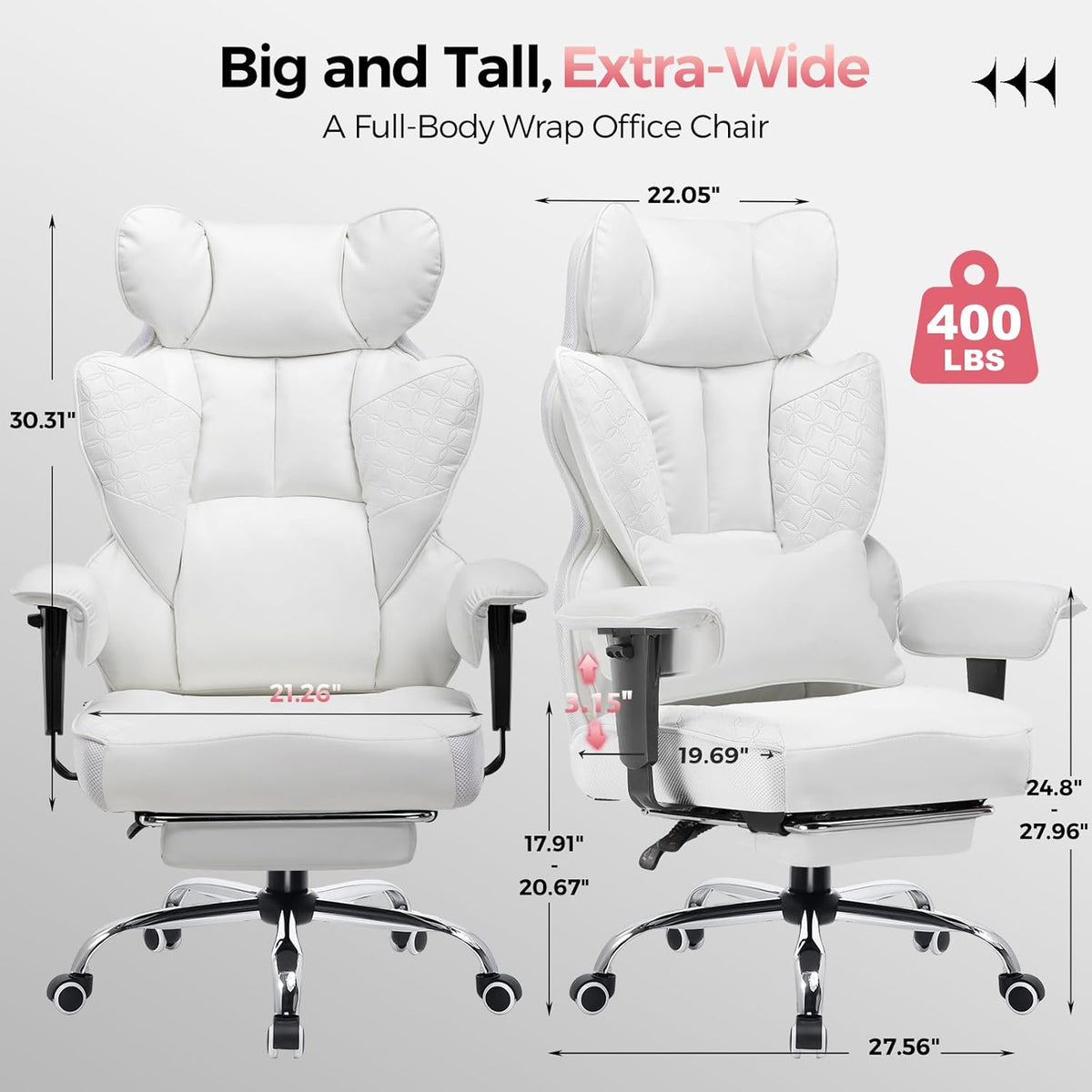 Big and Tall Office Chair Heavy Duty Wide Ergonomic Gaming Chair with Deluxe Embossing Designed Leather with Foot Rest,145°Reclining Adjustable Armrests Pocket Spring Back Support and Pillow