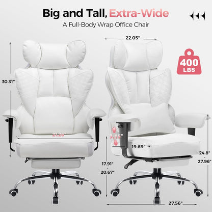 Big and Tall Office Chair Heavy Duty Wide Ergonomic Gaming Chair with Deluxe Embossing Designed Leather with Foot Rest,145°Reclining Adjustable Armrests Pocket Spring Back Support and Pillow