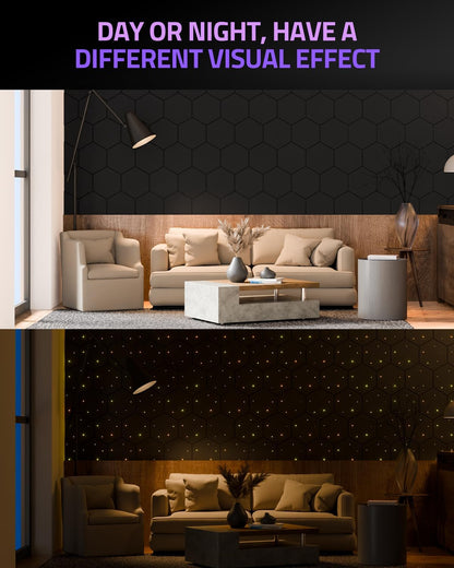 12 Pack Self-Adhesive Sound Proof Foam Panels for Walls 12" X 10" X 0.4" - Hexagon Acoustic Panels with Fiber Optic Starlight, Stylish Soundproof Wall Panels Absorb Noise and Wall Decor Black
