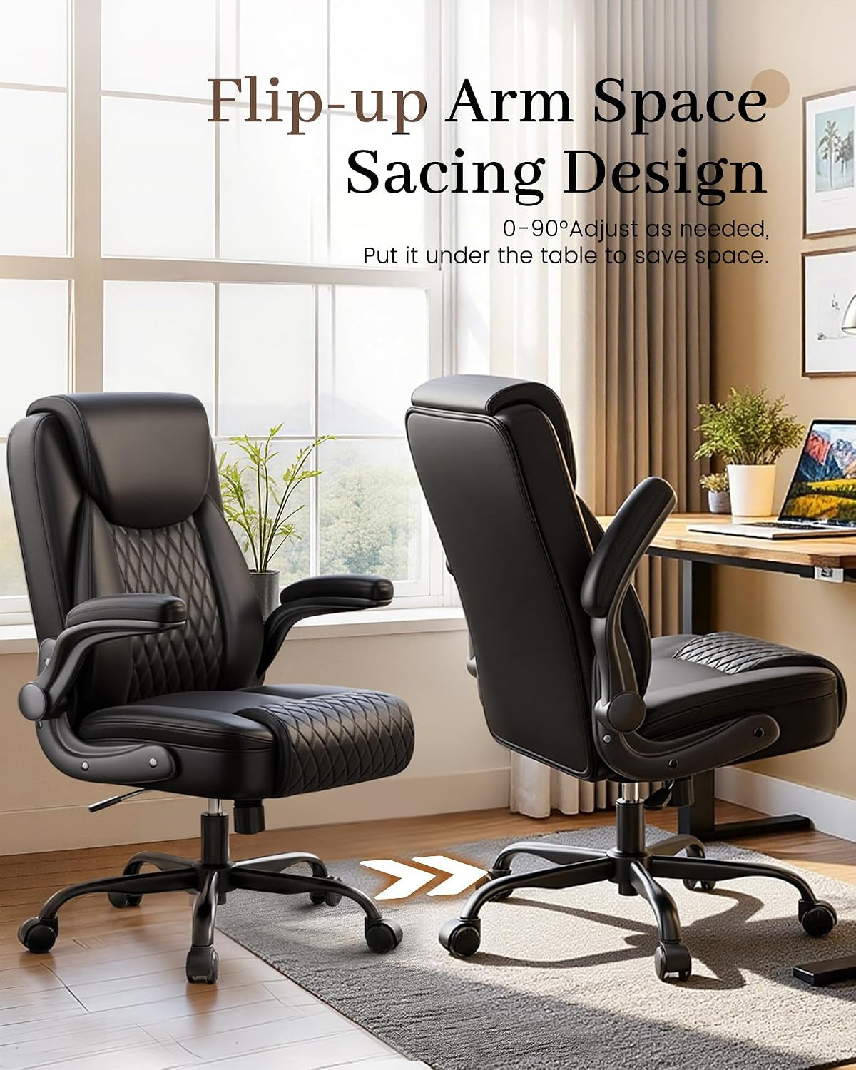 Mid-Back Office Chair, Ergonomic PU Desk Chair with Flip up Arms, Small Computer Gaming with Comfy Lumbar Support,Rocking Function,Sturdy Metal Base, Ink Black