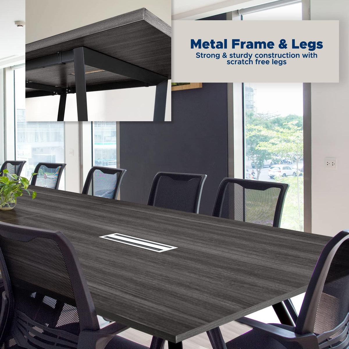 12FT Conference Table with Cable Management Grommets — Modern Rectangle Office Meeting/Boardroom Table with Melamine Wood Top and Metal Frame (Grey)