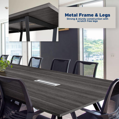 12FT Conference Table with Cable Management Grommets — Modern Rectangle Office Meeting/Boardroom Table with Melamine Wood Top and Metal Frame (Grey)