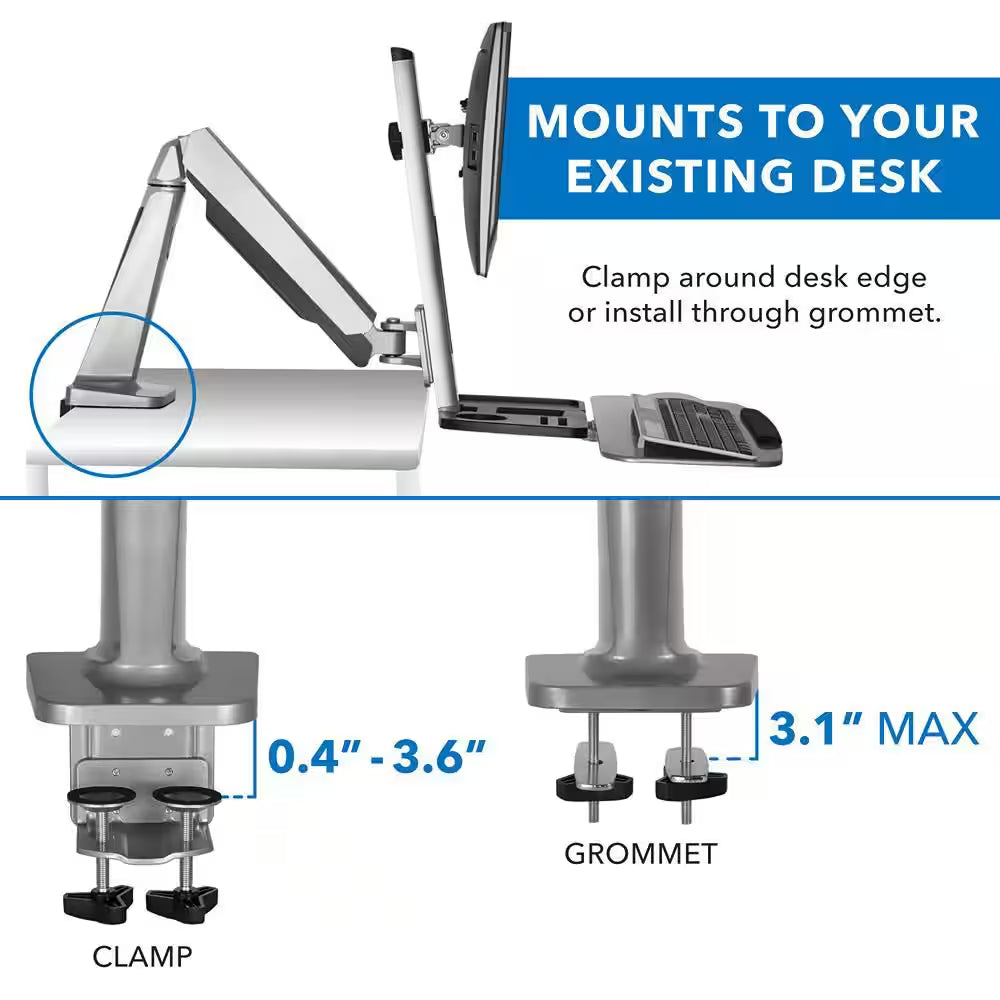 26 In. Silver Workstation for Monitor, Keyboard, Height Adjustable Standing Desk Mount W/Monitor Mount and Keyboard Tray