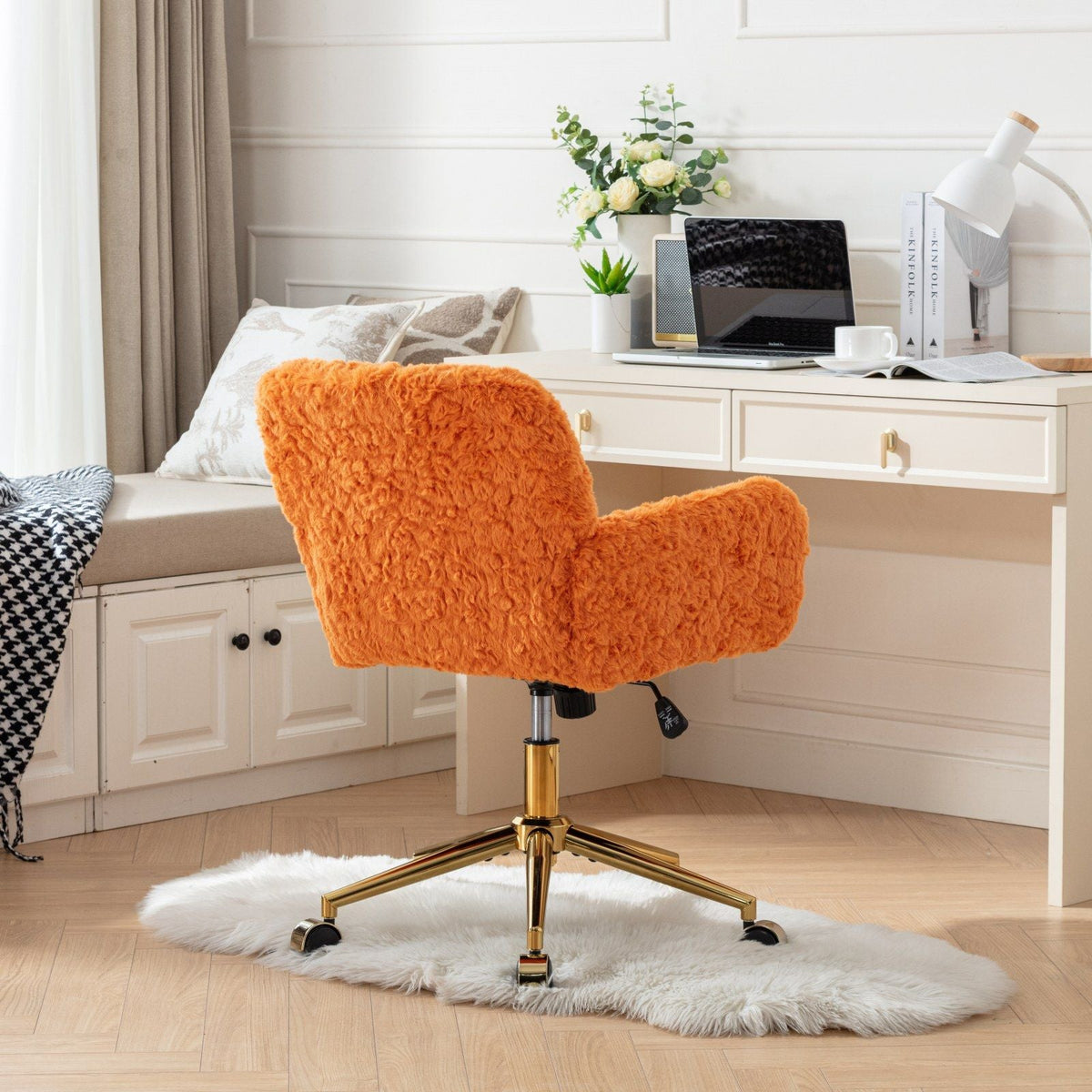Artificial Rabbit Hair Office Chair with Metal Base - Swivel, Adjustable Height