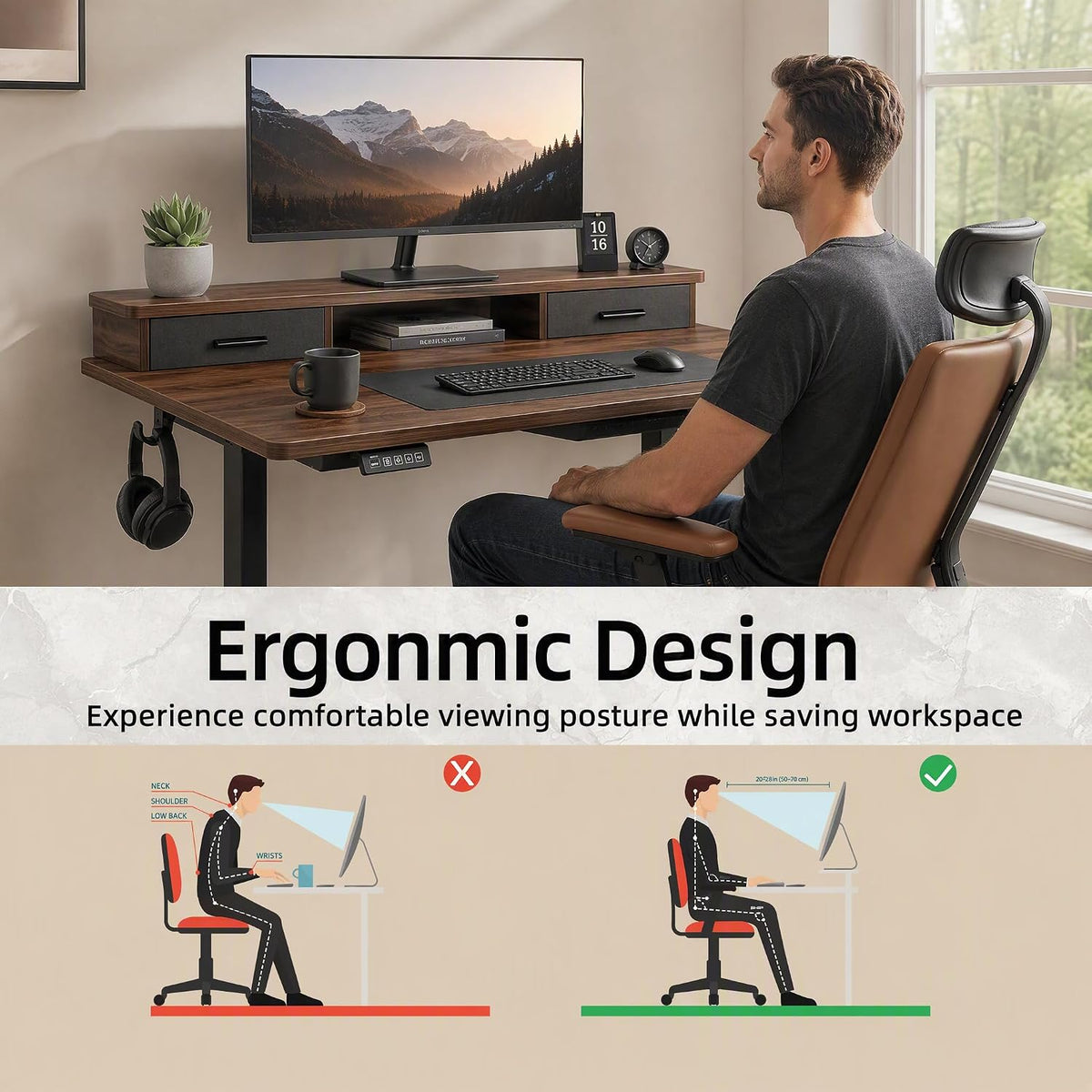 Electric Standing Desk with Two Drawers, Sit to Stand up Height Adjustable Desk with Storage Shelf for Home Office, 47 * 24 Inch, Study, Ergonomic Adjustable Computer Desk, Walnut
