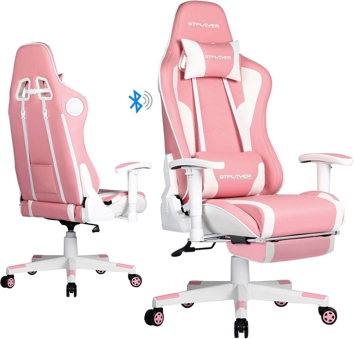Gaming Chair with Footrest, Ergonomic Computer Game Desk Chair, Reclining Gamer Chair Seat Height Adjustment, Swivel Rocker with Headrest and Lumbar (Pink)