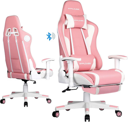 Gaming Chair with Footrest, Ergonomic Computer Game Desk Chair, Reclining Gamer Chair Seat Height Adjustment, Swivel Rocker with Headrest and Lumbar (Pink)