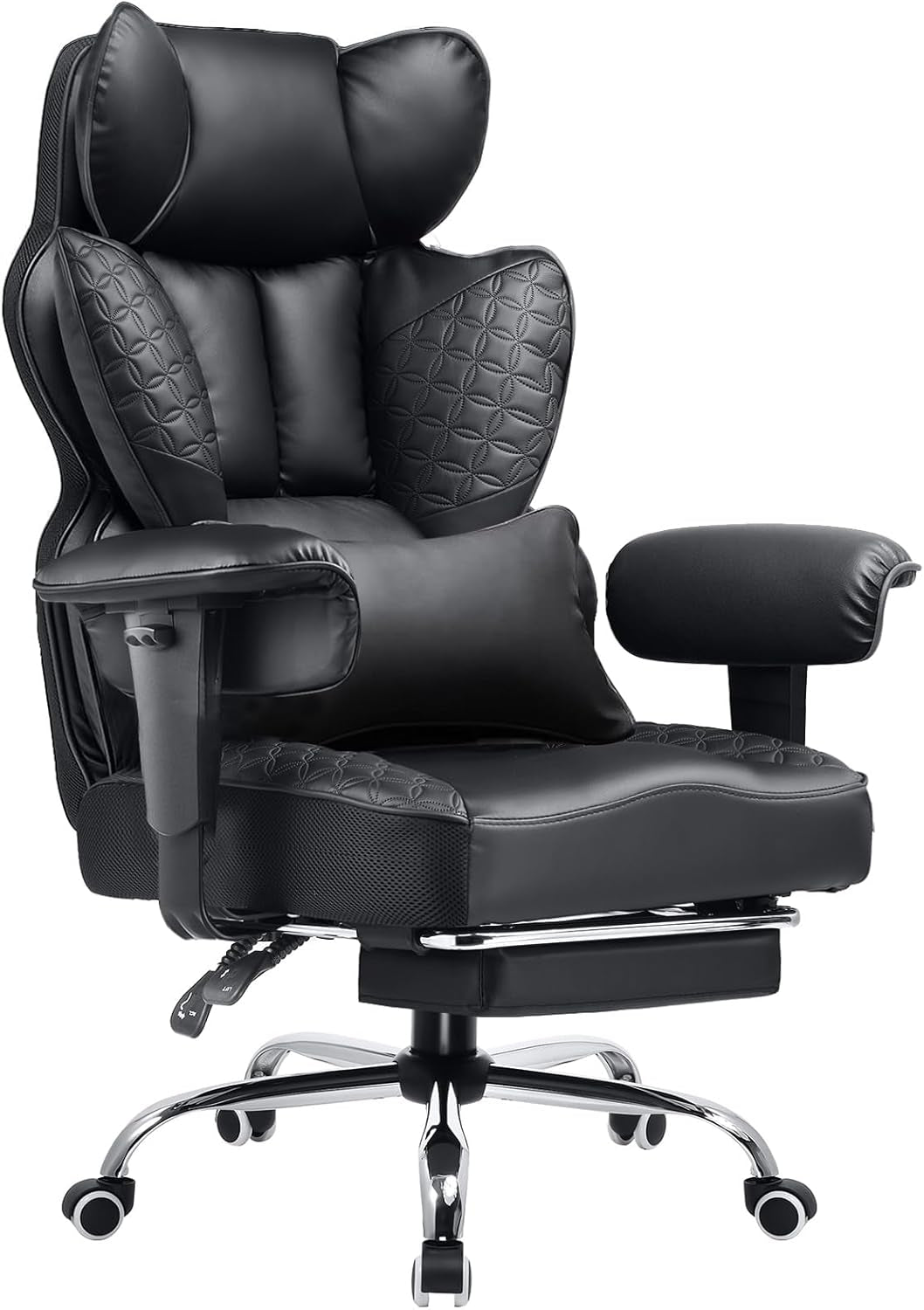 Big and Tall Office Chair Heavy Duty Wide Ergonomic Gaming Chair with Deluxe Embossing Designed Leather with Foot Rest, 145°Reclining Adjustable Armrests Pocket Spring Back Support and Pillow