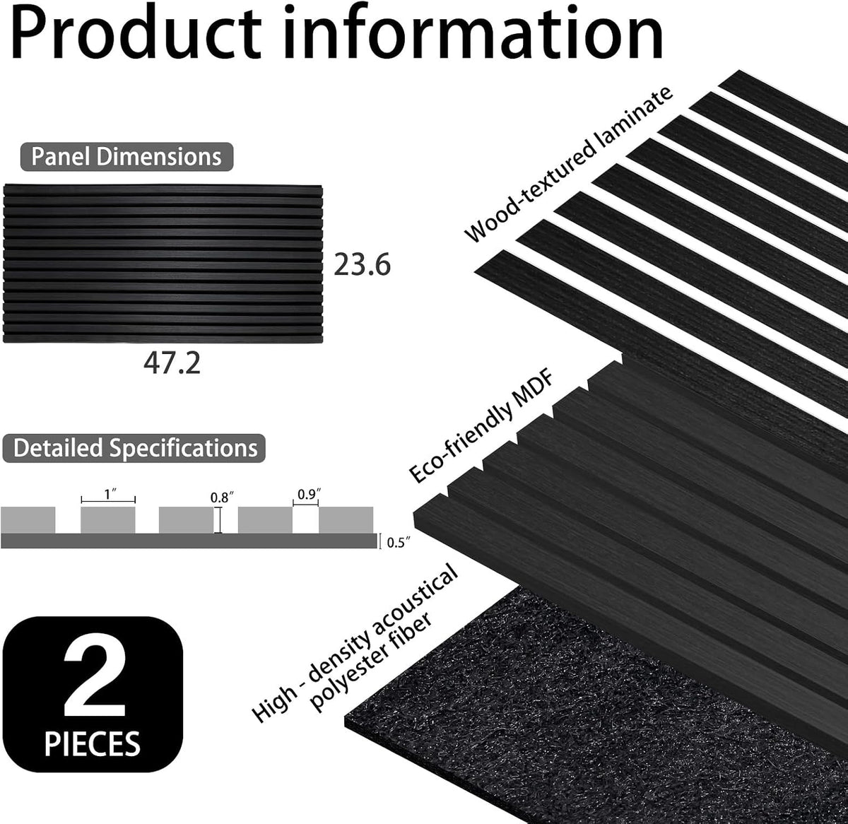 Home Acoustic Panels for Wall & Ceiling - 3D Fluted Soundproof Studio Panels for Home Theater, Bedroom, Office Noise Reduction - Set of 2 Wood Slat Panels 47.2"X23.6", Matte Black Wall Decor