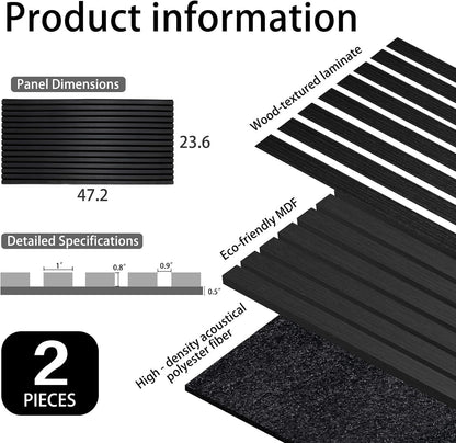 Home Acoustic Panels for Wall & Ceiling - 3D Fluted Soundproof Studio Panels for Home Theater, Bedroom, Office Noise Reduction - Set of 2 Wood Slat Panels 47.2"X23.6", Matte Black Wall Decor