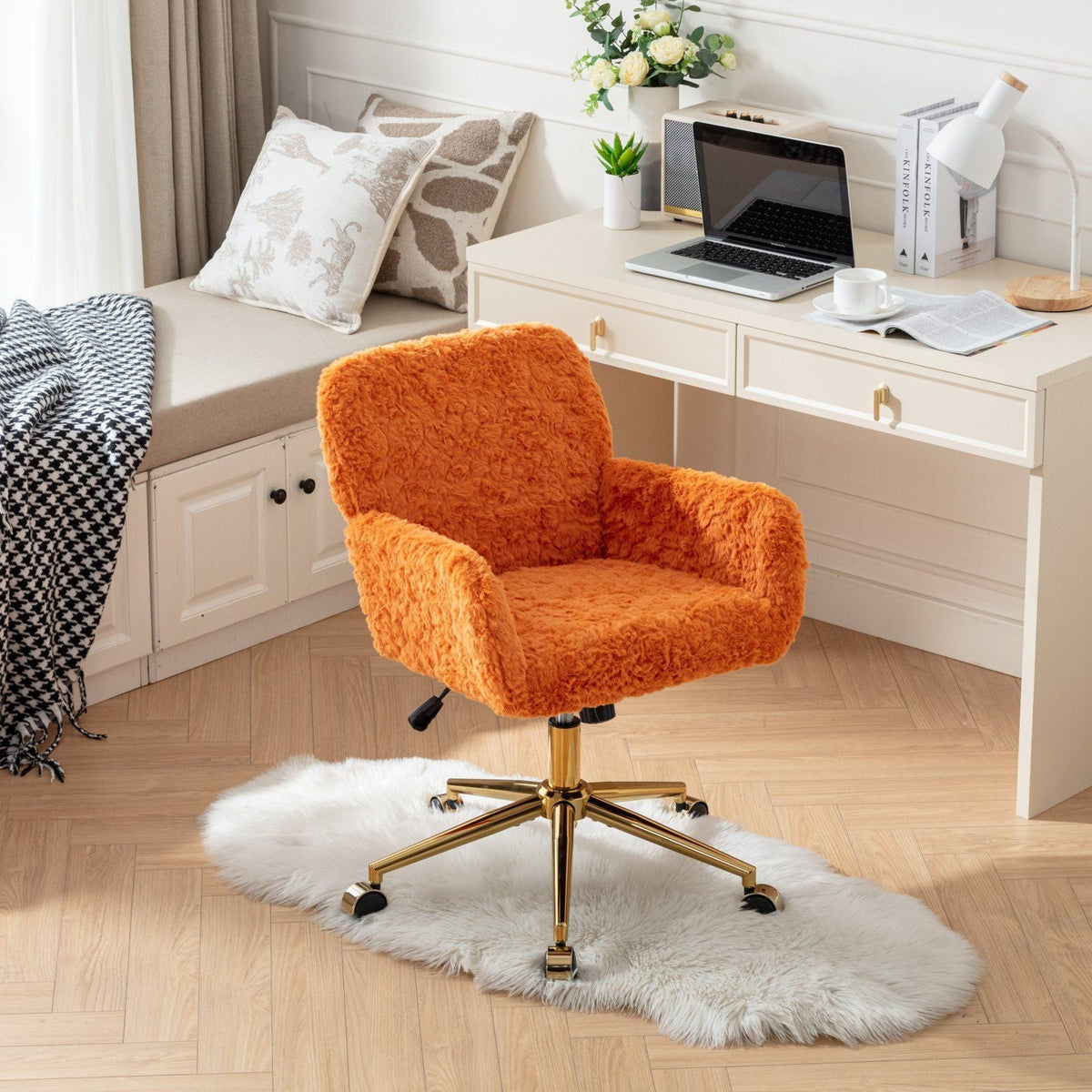 Artificial Rabbit Hair Office Chair with Metal Base - Swivel, Adjustable Height