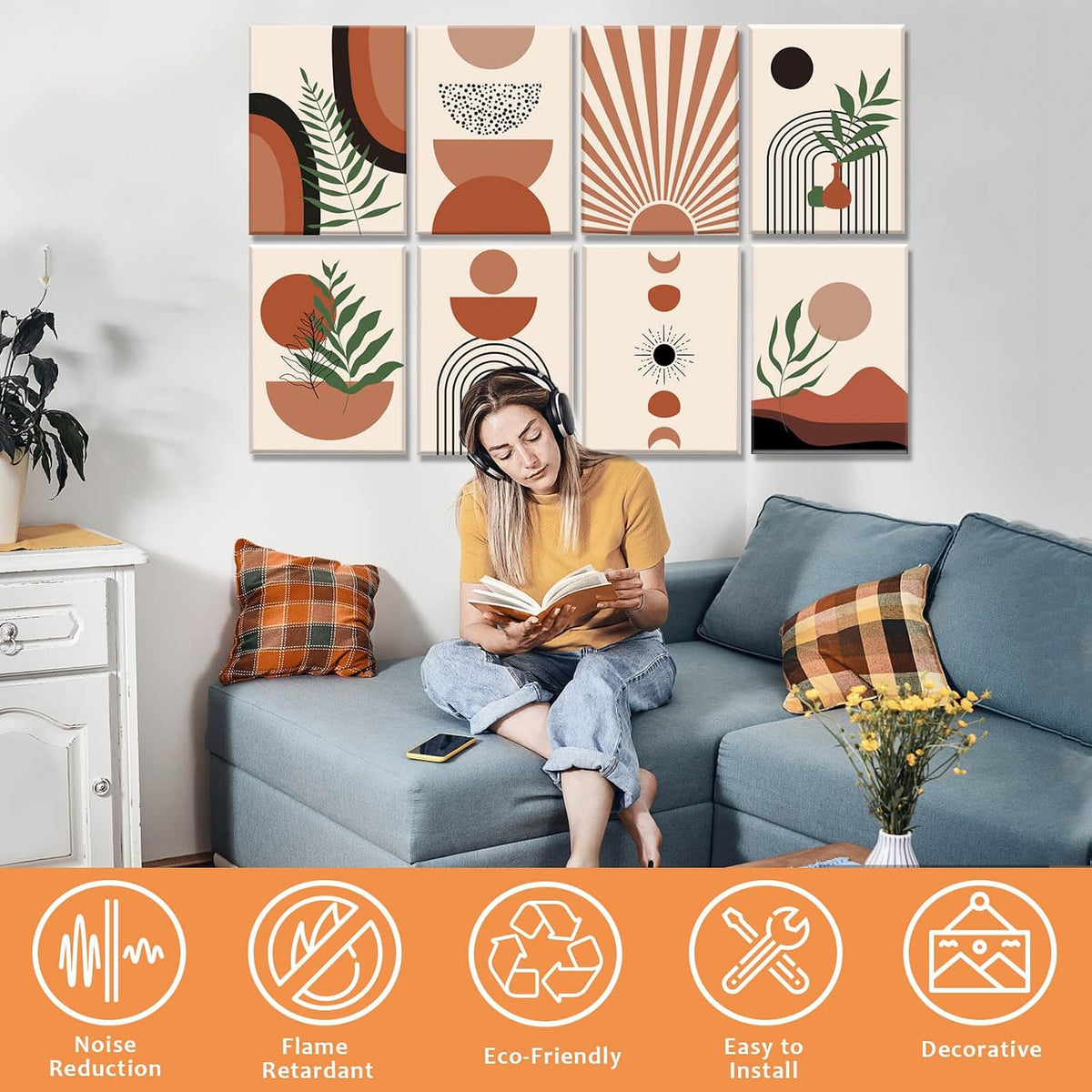 8 Pack Art Acoustic Panels, 48"X32" Soundproof Wall Panels, Decorative Acoustical Wall Panel Self-Adhesive Sound Absorbing Panels Sound Dampening Panels for Home Office