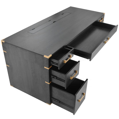 70" Traditional Executive Desk with Metal Trim, 2 File Drawers & USB/Power Outlets – Black