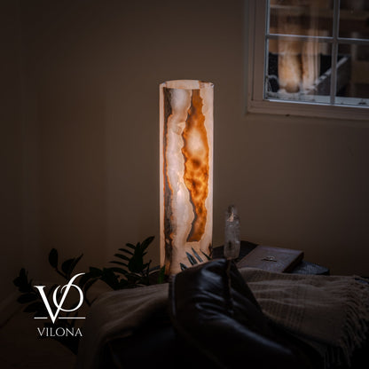 White Ice Onyx Cylinder Table Lamp – 20″ Tall × 5.5″ Diameter