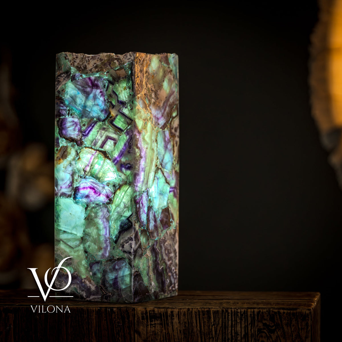 Fluorite Table Lamp - 16" Tall, 5.75"x5.75" Live Edge Square - (Small #17)